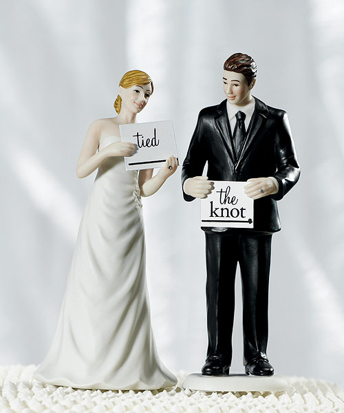 Bride and Groom with Signs Cake Topper