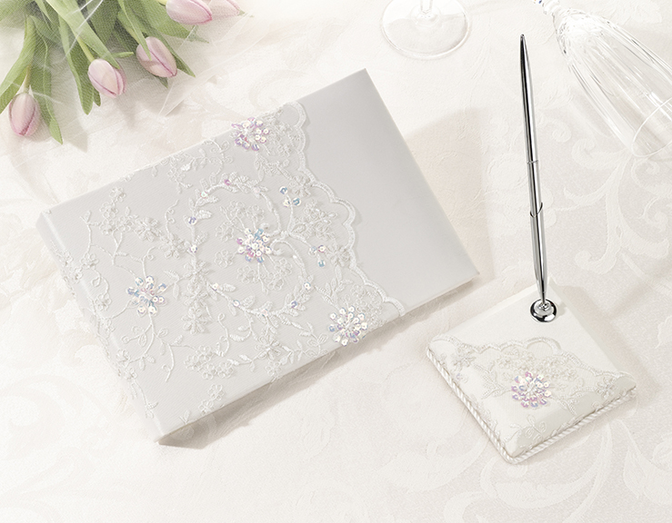 Ivory Sequin Lace Wedding Guest Book and Pen Set